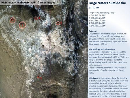 Large craters outside the ellipse Long/lat (by decreasing size): 1- 340.81E, 24.24N 2- 340.68E, 24.30N 3- 341.28E, 24.25N 4- 340.98E, 24.32N 5- 341.02E,