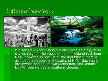Nature of New York  We see New York City in our daily lives as a big, busy city with eight million people in the middle of rush hour. NYC, however, is.