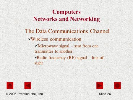 Computers Networks and Networking The Data Communications Channel Wireless communication Microwave signal – sent from one transmitter to another Radio.