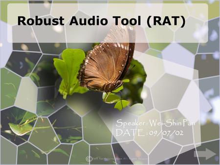 Robust Audio Tool (RAT) Speaker : Wei-Shin Pan DATE : 09/07/02.