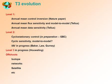 T3 evolution Level 1: Annual mean control inversion (Nature paper) Annual mean flux sensitivity and model-to-model (Tellus) Annual mean data sensitivity.