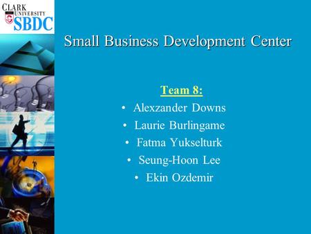 Small Business Development Center Team 8: Alexzander Downs Laurie Burlingame Fatma Yukselturk Seung-Hoon Lee Ekin Ozdemir.