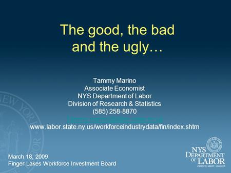 The good, the bad and the ugly… Tammy Marino Associate Economist NYS Department of Labor Division of Research & Statistics (585) 258-8870