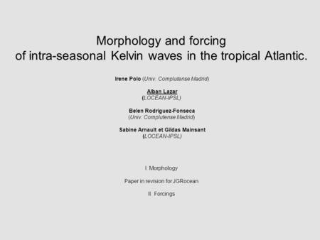 Morphology and forcing of intra-seasonal Kelvin waves in the tropical Atlantic. Irene Polo (Univ. Complutense Madrid) Alban Lazar (LOCEAN-IPSL) Belen Rodriguez-Fonseca.