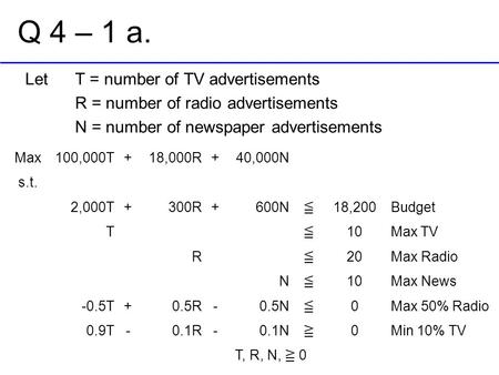 Q 4 – 1 a. Let T = number of TV advertisements