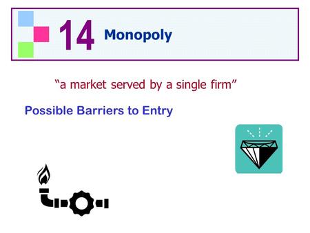 Possible Barriers to Entry “a market served by a single firm” 14 Monopoly.