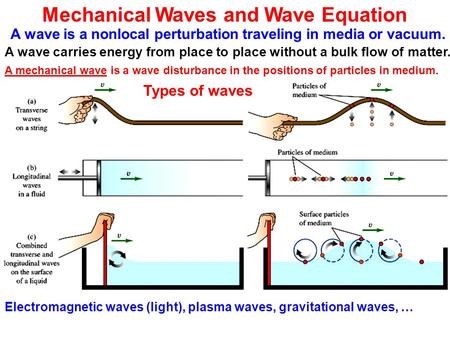 Mechanical Waves and Wave Equation A wave is a nonlocal perturbation traveling in media or vacuum. A wave carries energy from place to place without a.