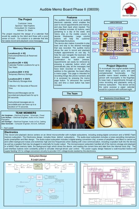 Audible Memo Board Phase II (08009) The Project Customer: Irene Sponsor: Tala Hopkins Consultant: Dr. Hopkins Advisor: Dr. Slack The project required the.