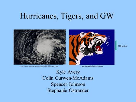 Hurricanes, Tigers, and GW Kyle Avery Colin Curwen-McAdams Spencer Johnson Stephanie Ostrander 100 miles