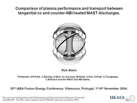 Comparison of plasma performance and transport between tangential co and counter-NBI heated MAST discharges. Rob Akers 20 th IAEA Fusion Energy Conference,