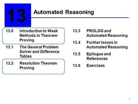 1 Automated Reasoning 13 13.0Introduction to Weak Methods in Theorem Proving 13.1The General Problem Solver and Difference Tables 13.2Resolution Theorem.