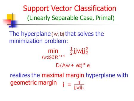 Support Vector Classification (Linearly Separable Case, Primal) The hyperplanethat solves the minimization problem: realizes the maximal margin hyperplane.
