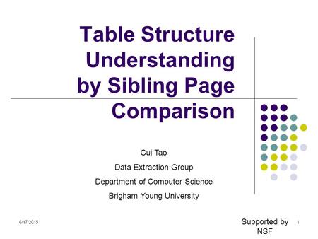 6/17/20151 Table Structure Understanding by Sibling Page Comparison Cui Tao Data Extraction Group Department of Computer Science Brigham Young University.