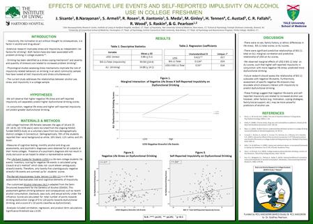 EFFECTS OF NEGATIVE LIFE EVENTS AND SELF-REPORTED IMPULSIVITY ON ALCOHOL USE IN COLLEGE FRESHMEN J. Sisante 1, B.Narayanan 1, S. Armeli 3, R. Rosen 1,