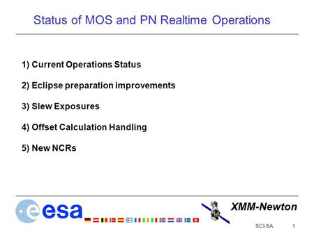 XMM-Newton 1SCI-SA Status of MOS and PN Realtime Operations 1) Current Operations Status 2) Eclipse preparation improvements 3) Slew Exposures 4) Offset.
