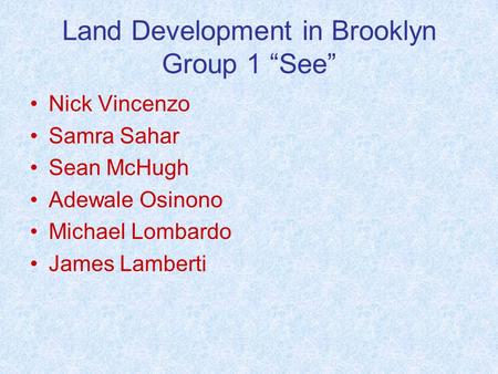Land Development in Brooklyn Group 1 “See” Nick Vincenzo Samra Sahar Sean McHugh Adewale Osinono Michael Lombardo James Lamberti.