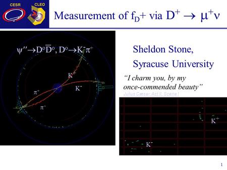 1 Measurement of f D + via D +   + Sheldon Stone, Syracuse University  D o D o, D o  K -  + K-K- K+K+ ++  K-K- K+K+ “I charm you, by my once-commended.