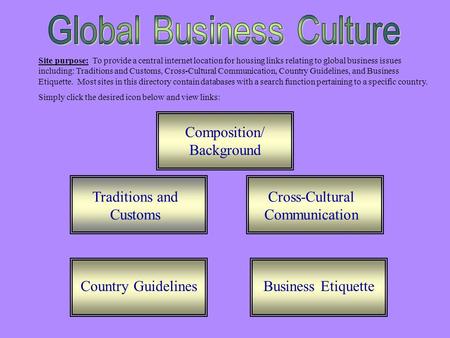 Traditions and Customs Site purpose: To provide a central internet location for housing links relating to global business issues including: Traditions.