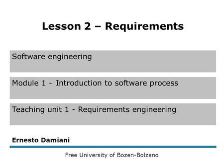 Software engineering Module 1 -Introduction to software process Teaching unit 1 - Requirements engineering Ernesto Damiani Free University of Bozen-Bolzano.