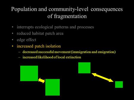 Population and community-level consequences of fragmentation interrupts ecological patterns and processes reduced habitat patch area edge effect increased.