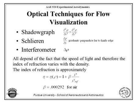 Purdue University - School of Aeronautics and Astronautics AAE 520 Experimental Aerodynamics Optical Techniques for Flow Visualization Shadowgraph Schlieren.