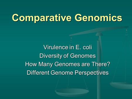 Comparative Genomics Virulence in E. coli Diversity of Genomes How Many Genomes are There? Different Genome Perspectives.