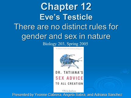 Chapter 12 Eve’s Testicle There are no distinct rules for gender and sex in nature Presented by Yvonne Cabrera, Angela Sabra, and Adriana Sanchez Biology.