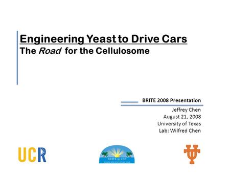 Engineering Yeast to Drive Cars The Road for the Cellulosome Jeffrey Chen August 21, 2008 University of Texas Lab: Wilfred Chen BRITE 2008 Presentation.