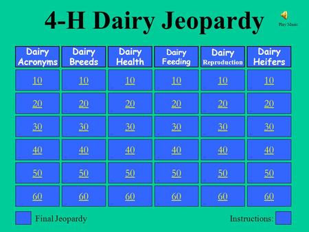 1 20 30 40 50 10 20 30 40 50 10 20 30 40 50 10 20 30 40 50 10 20 30 40 50 10 Dairy Acronyms Dairy Breeds Dairy Health Dairy Feeding Dairy Reproduction.