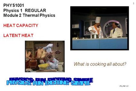 1 PHYS1001 Physics 1 REGULAR Module 2 Thermal Physics HEAT CAPACITY LATENT HEAT What is cooking all about? ptC_heat.ppt.
