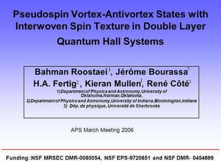 Pseudospin Vortex-Antivortex States with Interwoven Spin Texture in Double Layer Quantum Hall Systems Bahman Roostaei, Jérôme Bourassa H.A. Fertig, Kieran.
