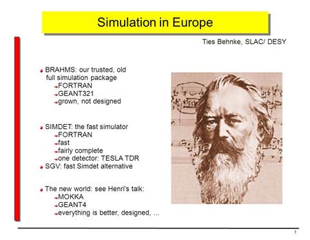 1 Simulation in Europe Ties Behnke, SLAC/ DESY BRAHMS: our trusted, old full simulation package FORTRAN GEANT321 grown, not designed SIMDET: the fast simulator.