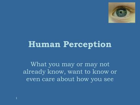 1 Human Perception What you may or may not already know, want to know or even care about how you see.