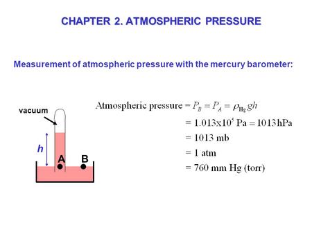 Measurement of atmospheric pressure with the mercury barometer: vacuum AB h CHAPTER 2. ATMOSPHERIC PRESSURE.