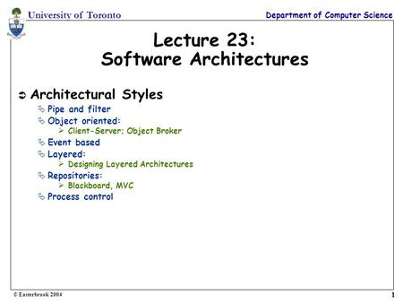 Lecture 23: Software Architectures