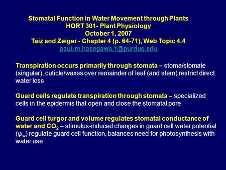Stomatal Function in Water Movement through Plants