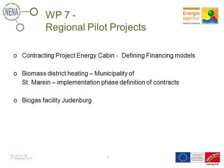 16.-18.10.06 3 rd Meeting Turin 1 WP 7 - Regional Pilot Projects oContracting Project Energy Cabin - Defining Financing models oBiomass district heating.