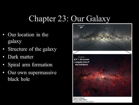 Chapter 23: Our Galaxy Our location in the galaxy Structure of the galaxy Dark matter Spiral arm formation Our own supermassive black hole.