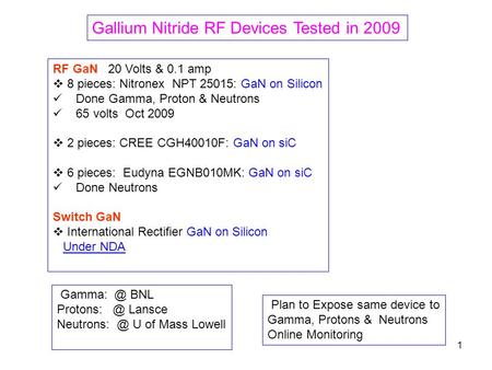 1 RF GaN 20 Volts & 0.1 amp  8 pieces: Nitronex NPT 25015: GaN on Silicon Done Gamma, Proton & Neutrons 65 volts Oct 2009  2 pieces: CREE CGH40010F: