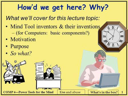 COMP 4—Power Tools for the Mind1 Use and abuse What’s in the box? How’d we get here? Why? What we’ll cover for this lecture topic: Mind Tool inventors.
