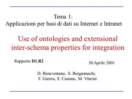 Tema 1: Applicazioni per basi di dati su Internet e Intranet Use of ontologies and extensional inter-schema properties for integration D. Beneventano,