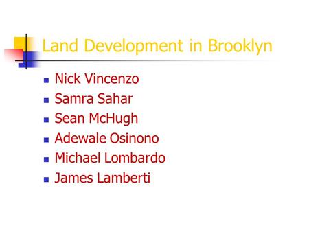 Land Development in Brooklyn Nick Vincenzo Samra Sahar Sean McHugh Adewale Osinono Michael Lombardo James Lamberti.