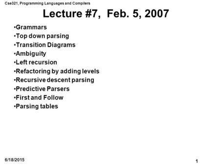 Cse321, Programming Languages and Compilers 1 6/18/2015 Lecture #7, Feb. 5, 2007 Grammars Top down parsing Transition Diagrams Ambiguity Left recursion.