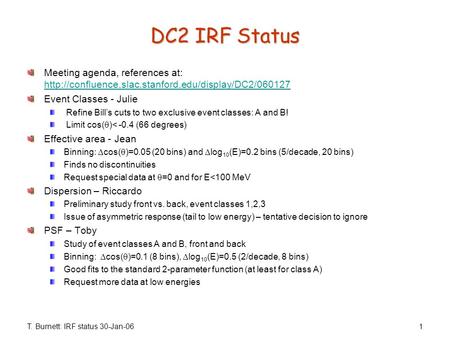 T. Burnett: IRF status 30-Jan-061 DC2 IRF Status Meeting agenda, references at:
