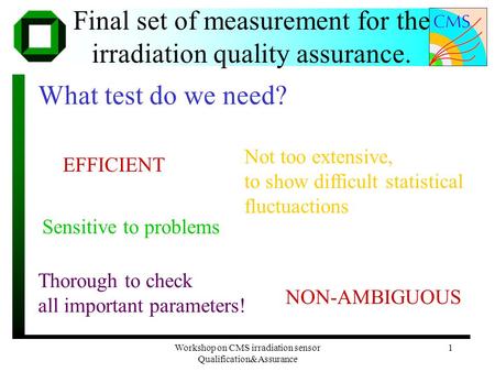 Workshop on CMS irradiation sensor Qualification&Assurance 1 Final set of measurement for the irradiation quality assurance. What test do we need? EFFICIENT.