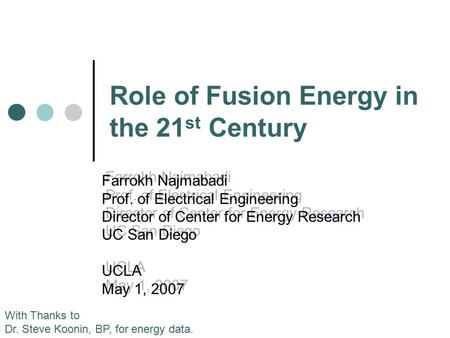 Role of Fusion Energy in the 21 st Century Farrokh Najmabadi Prof. of Electrical Engineering Director of Center for Energy Research UC San Diego UCLA May.