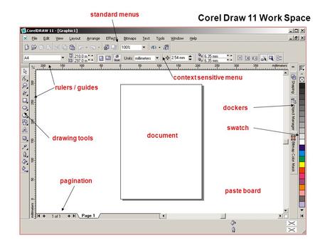 Corel Draw 11 Work Space standard menus context sensitive menu