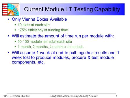 1 Long Term Module Testing-Anthony AffolderTPO, December 11, 2003 Current Module LT Testing Capability Only Vienna Boxes Available  10 slots at each site.