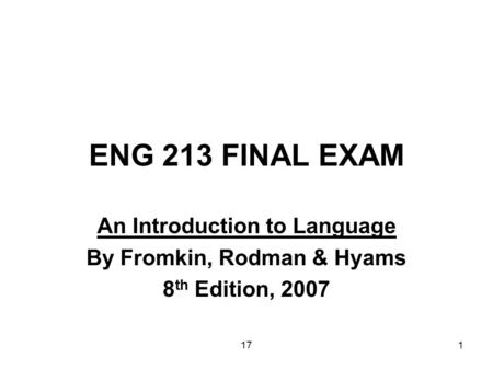 171 ENG 213 FINAL EXAM An Introduction to Language By Fromkin, Rodman & Hyams 8 th Edition, 2007.