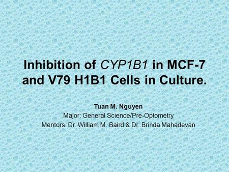 Tuan M. Nguyen Major: General Science/Pre-Optometry Mentors: Dr. William M. Baird & Dr. Brinda Mahadevan Inhibition of CYP1B1 in MCF-7 and V79 H1B1 Cells.